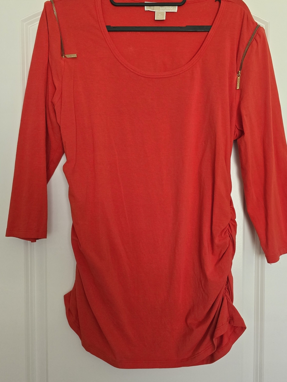 Michael Kors Red Scoop Neck Long Sleeve Top with Gold Zipper Accents